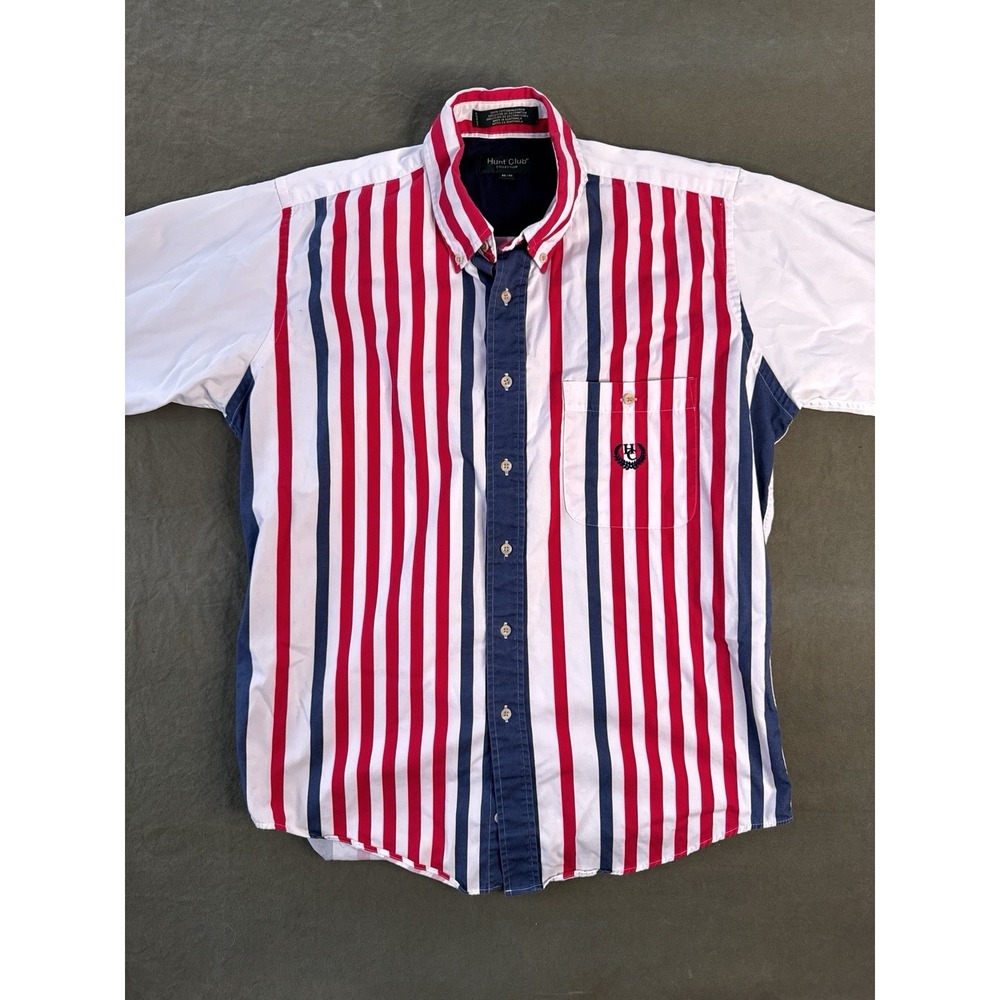 Vintage 90s Striped Button Up Shirt Red White Blue Color Block Mens M